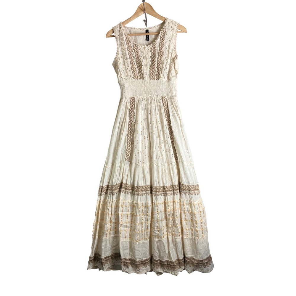 Anthropologie Me to Magic M Size Eyelet Crochet Maxi Dress Boho Cottagecore